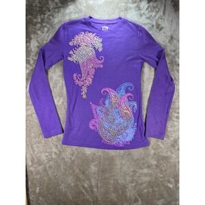FRZ Purple Paisley Waffle Knit Thermal Top Long Sleeve Graphic Print Womens S